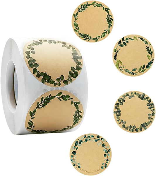 HAHIYO 2In 500P Round Natural Brown Kraft Stickers with Green Leaf Wreath Design - 4 Unique Styles Blank Kraft Labels Roll to Write On Durable Dot Stickers for Jar Canning Price Tags Store Organizing