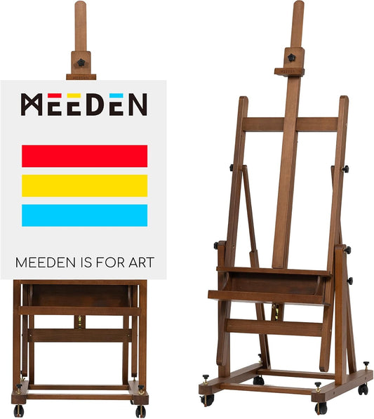 MEEDEN Enlarged Heavy-Duty H-Frame Easel: Artist Solid Beech Wooden Studio Easel - Professional Painting Art Easel Stand with 4 Lockable Wheels & Leveling Bolts - Hold Canvas up to 86" H,Walnut