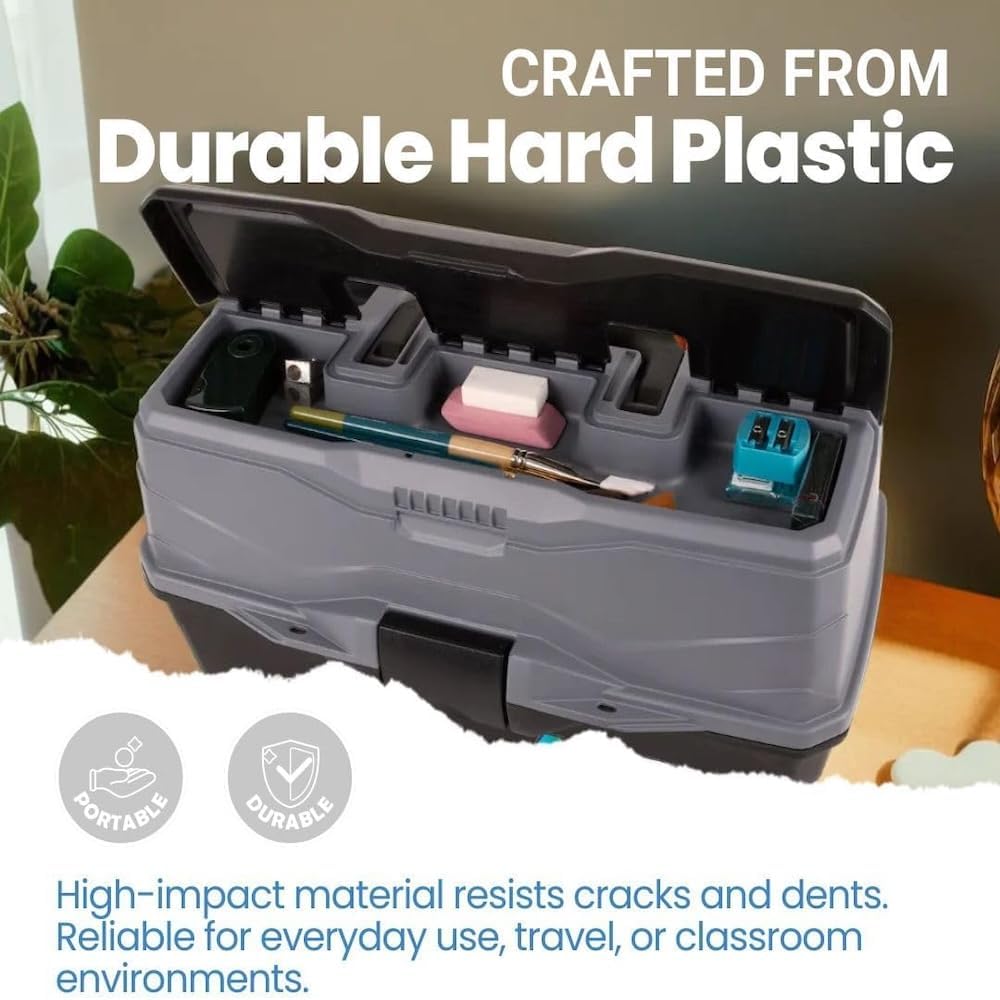 ArtBin 3-Tray Art Supply Box Versatile Organizer for Brushes, Paints, Stamps, and More - Durable Hard Plastic, Secure Closure, Portable with Top Trays and Dividers