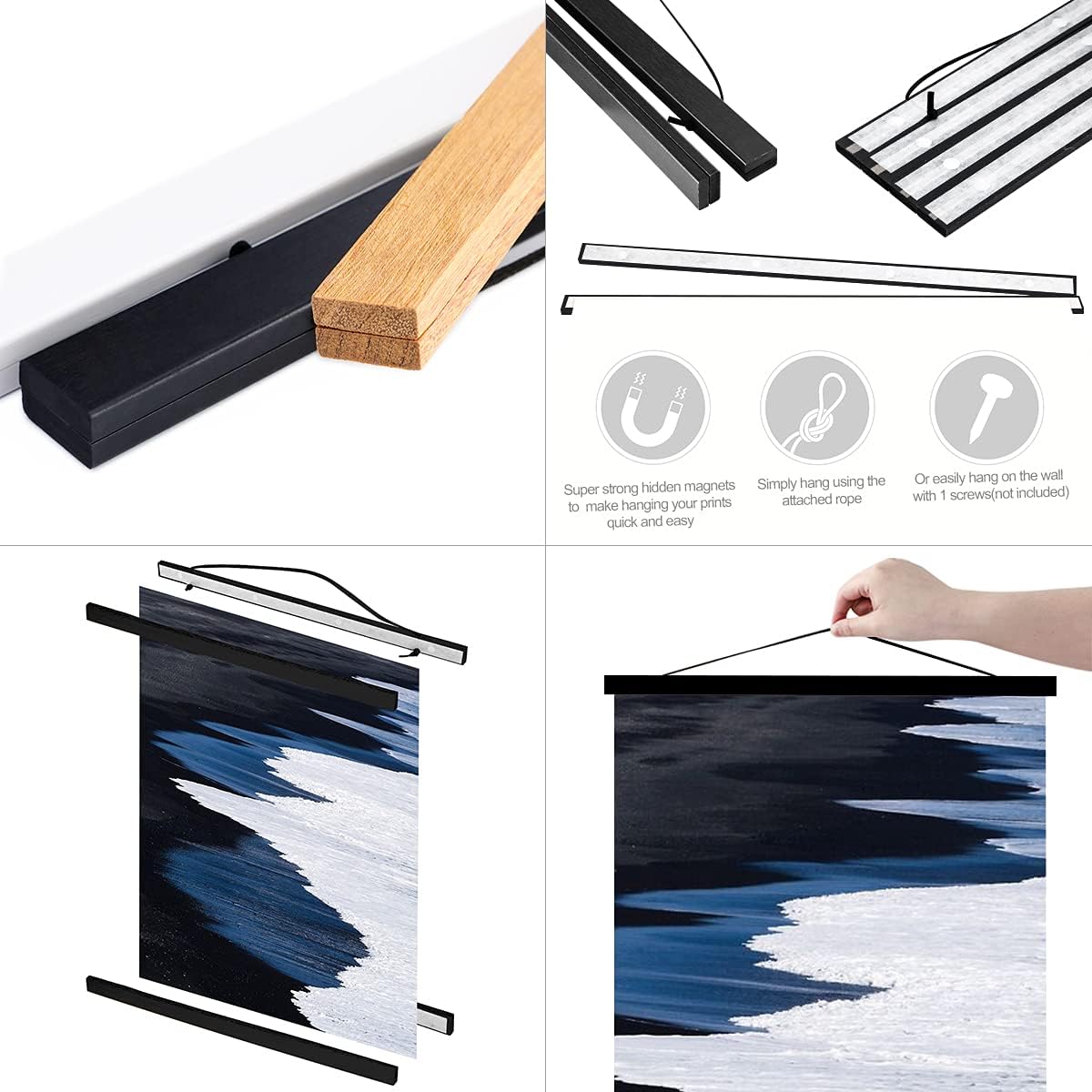 Ywlake Magnetic Poster Hanger, 26x30 26x36 26x19 Frame Wood Wooden Magnet Print Posters Dowel Scroll Hanging Kit for Walls Map Canvas Artwork (Black, 26")