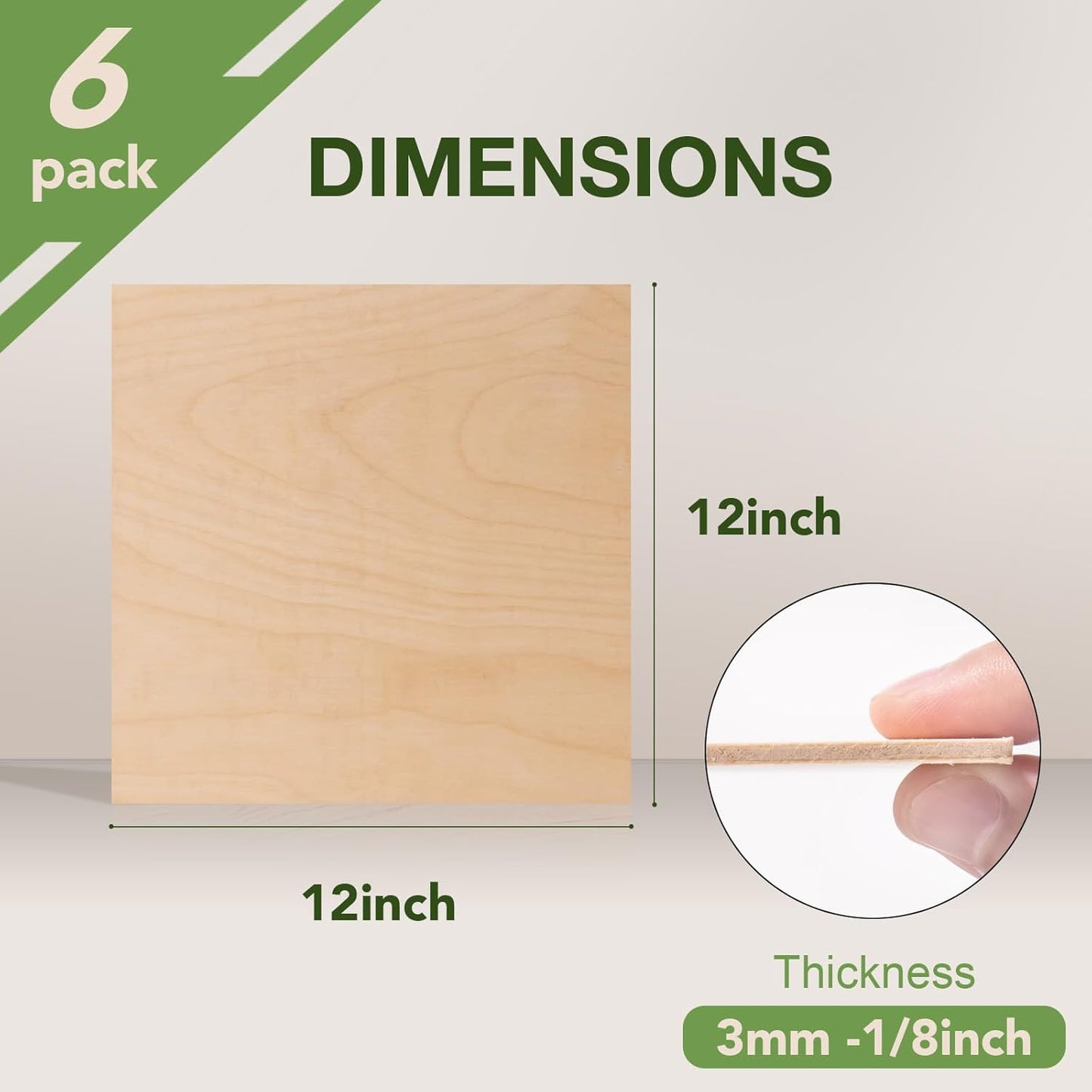 6 Pack Birch Plywood Sheets, 12 x 12 x 1/8 Inch, 3mm Plywood for Laser Cutting, Thin Unfinished Wood Sheets for Architectural Models, Wood Burning and DIY Crafts