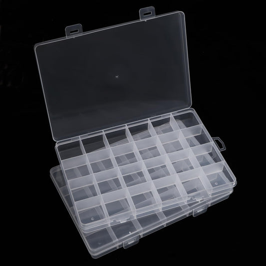 2 Pack 24 Grids Clear Plastic Organizer Box Fixed Compartment Storage Container for Craft, Beads, Jewelry, Small Parts, Small Items