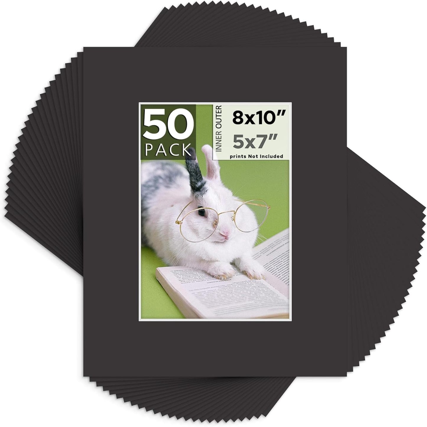 Mat Board Center, Pack of 50, 8x10 for 5x7 Black Mats - Acid Free, 4-ply Thickness, White Core - for Pictures, Photos, Framing