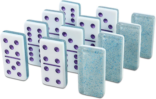 IDTQ Dominoes Set for Adults, Double 6 Dominos Game Set with 28 Domino Tiles Double with Upscale Gift Boxes -7 Polyhedral Dice -Classic Board Games (Light Blue)