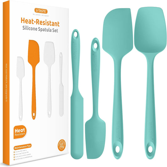 Heat Resistant Silicone Spatula Set: U-Taste 600ºF High Temp Seamless Food Grade Utensil, Flexible Rubber Silicon Kitchen Cooking Mixing Baking Scraper for Nonstick Cookware Set of 4 (Aqua Sky)