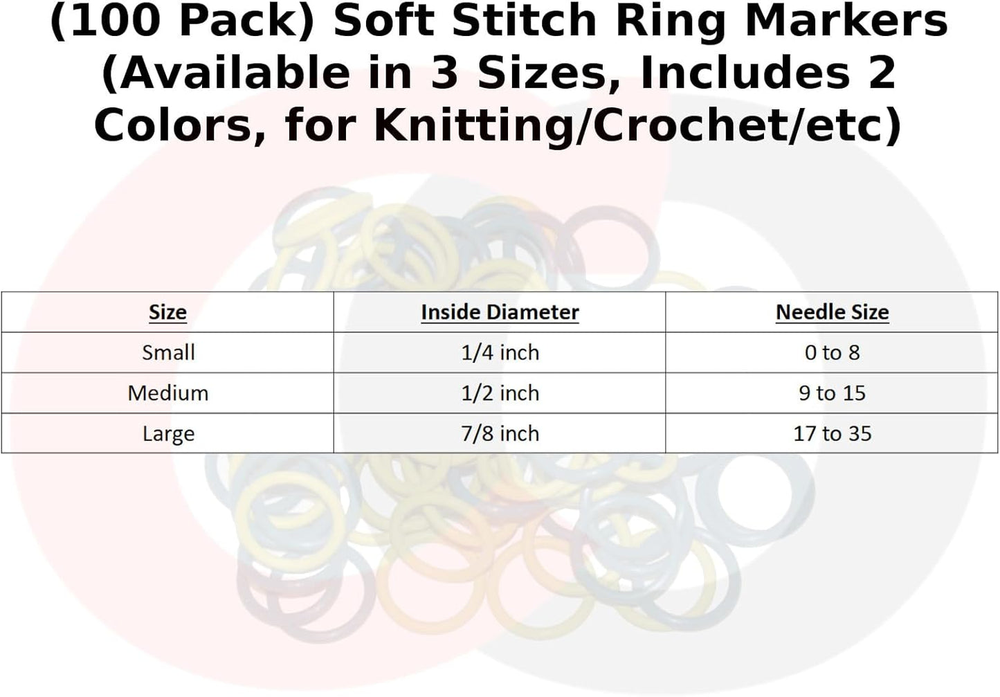 (100 Pack) Soft Stitch Ring Markers (Available in 3 Sizes, Includes 2 Colors, for Knitting/Crochet/etc) (Medium (Needle 9-15), Red & Black)