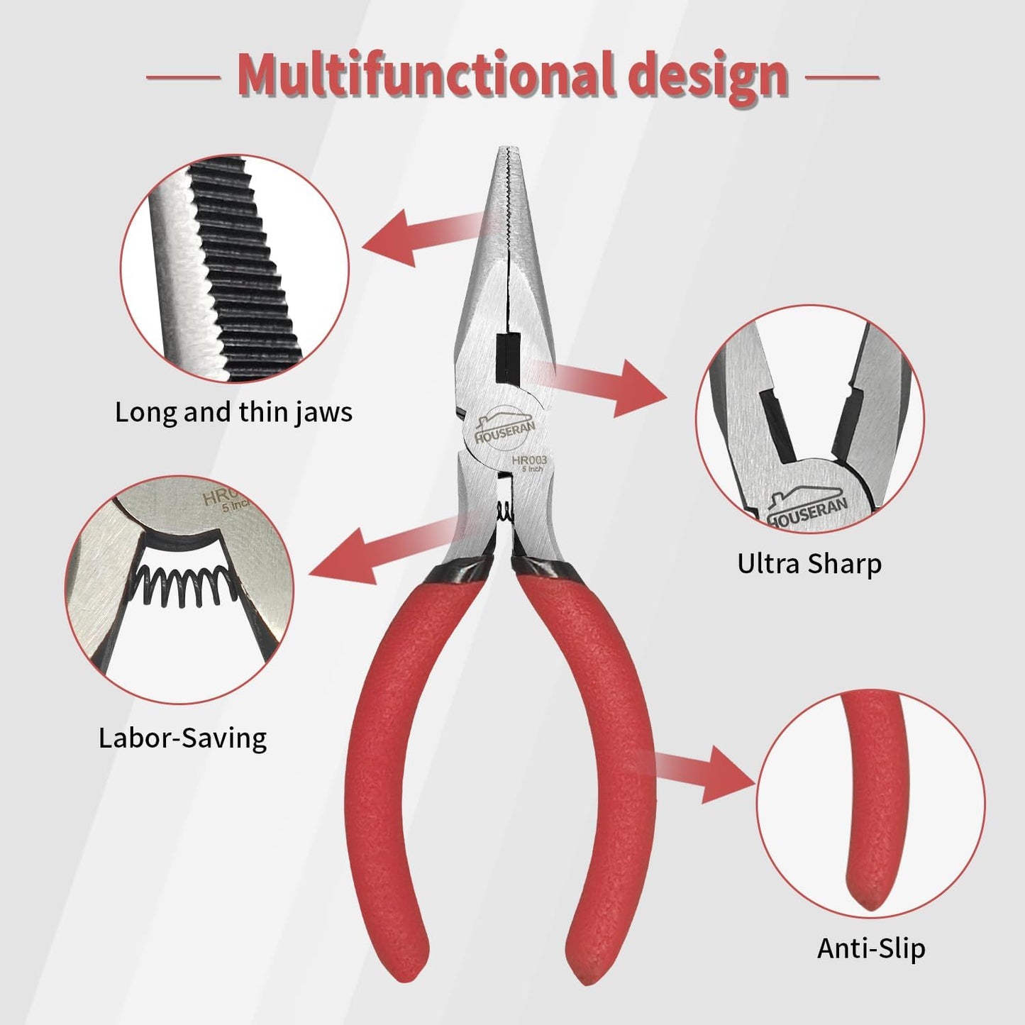 Needle Nose Pliers, 5 Inch, 5 Pack, Long Nose Pliers with Side Cutter, Spring Loaded for Cutting and Bending Wire
