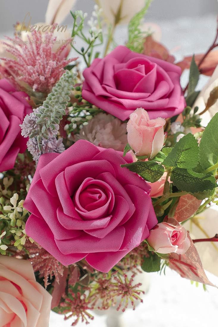 Floroom Artificial Flowers 25pcs Real Looking Hot Pink Foam Fake Roses with Stems for DIY Wedding Bouquets Bridal Shower Centerpieces Floral Arrangements Party Tables Home Decorations
