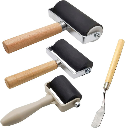 4 Pack Rubber Roller - Brayer Rollers with 3 Size for Crafting Brayer Rollers for Printmaking Brayer Tool Paint Brush Ink Applicator Art Craft Oil Painting Tool 1.4 in,2.4 in,4 in + 1 Scraper HRJZF