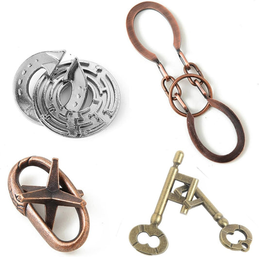 Brain Teaser Puzzles with Plastic Box,4 Pieces Metal Cast Puzzle Games Toys for Kids and Adults IQ Test,IQ Educational Box for Teens