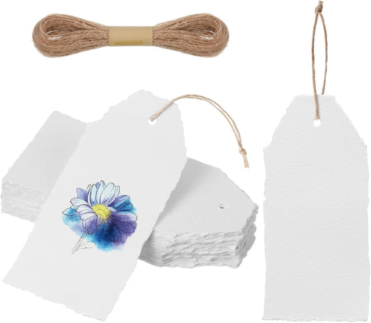 50 Pack Handmade Vintage Deckle Edge Tags with String 3.75 x 1.75 Thick 160 GSM Cotton Gift Tags with String Attached for Name Cards Place Cards Arts Crafts Gift(White)