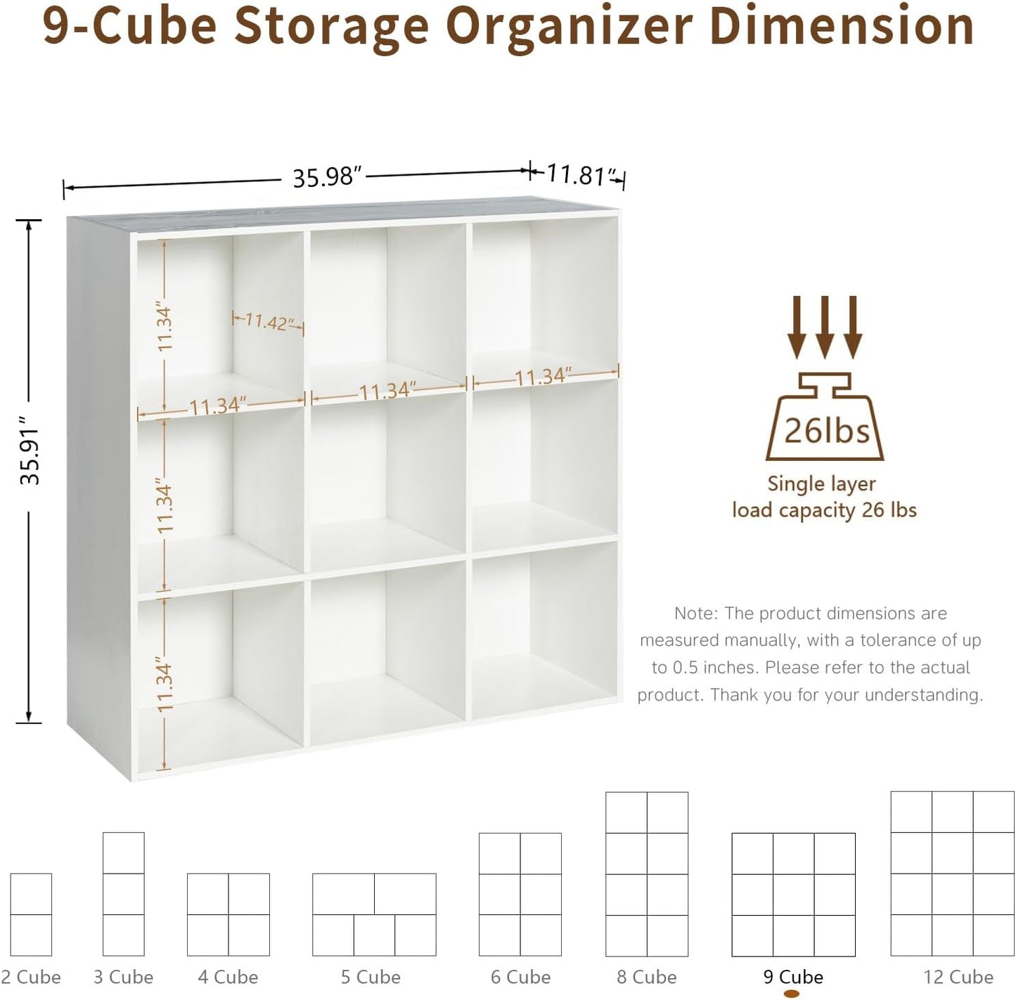 Wooden 9-Cube Storage Organizer with Closed Back Panel, 11in Cube Shelf Opening, Bookshelf, Display Shelf,Closet Cabinet for Home and Office,Embossed White