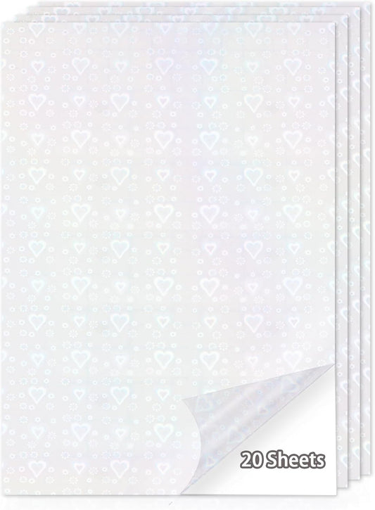 20 Sheets Holographic Sticker Paper,8.5x11 Inch Clear Printable Vinyl Sticker Papers,Self-Adhesive Waterproof for Inkjet/Laser Printer（Clear Heart）