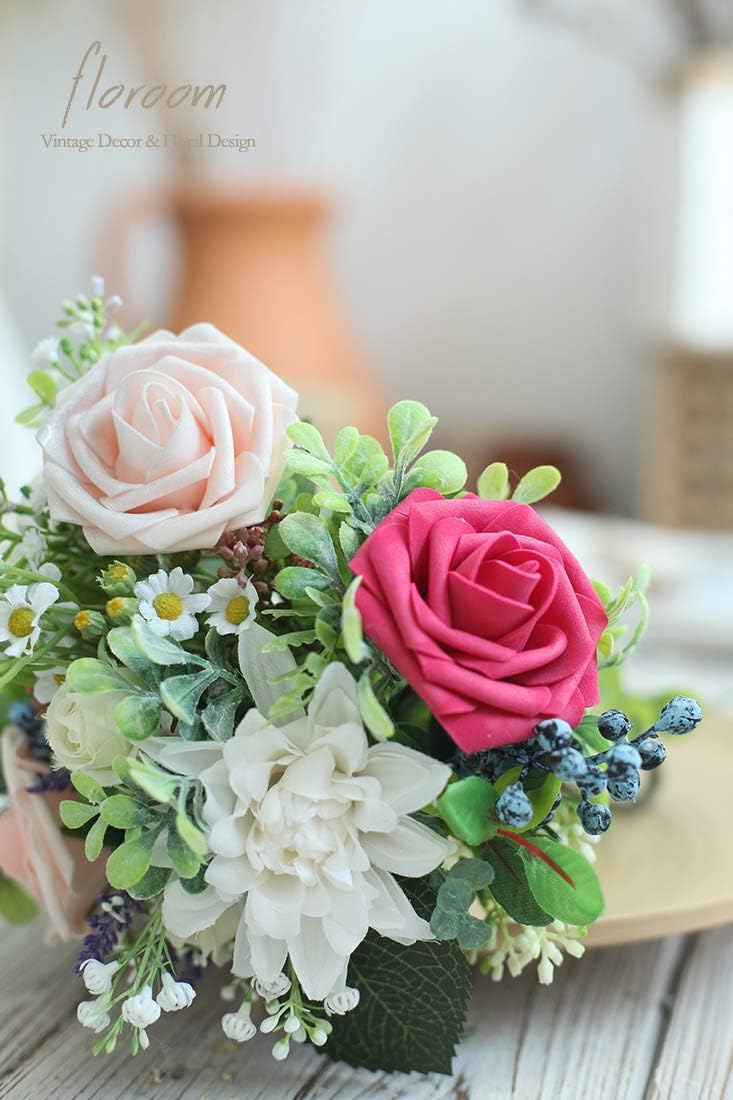 Floroom Artificial Flowers 25pcs Real Looking Fuchsia Foam Fake Roses with Stems for DIY Wedding Bouquets Bridal Shower Centerpieces Floral Arrangements Party Tables Home Decorations