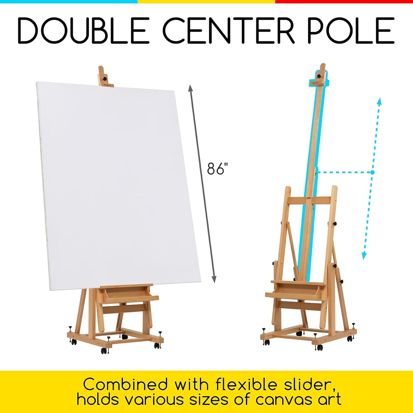MEEDEN Enlarged Heavy-Duty H-Frame Easel: Artist Solid Beech Wooden Studio Easel - Professional Painting Art Easel Stand with 4 Lockable Wheels & Leveling Bolts - Hold Canvas up to 86" H