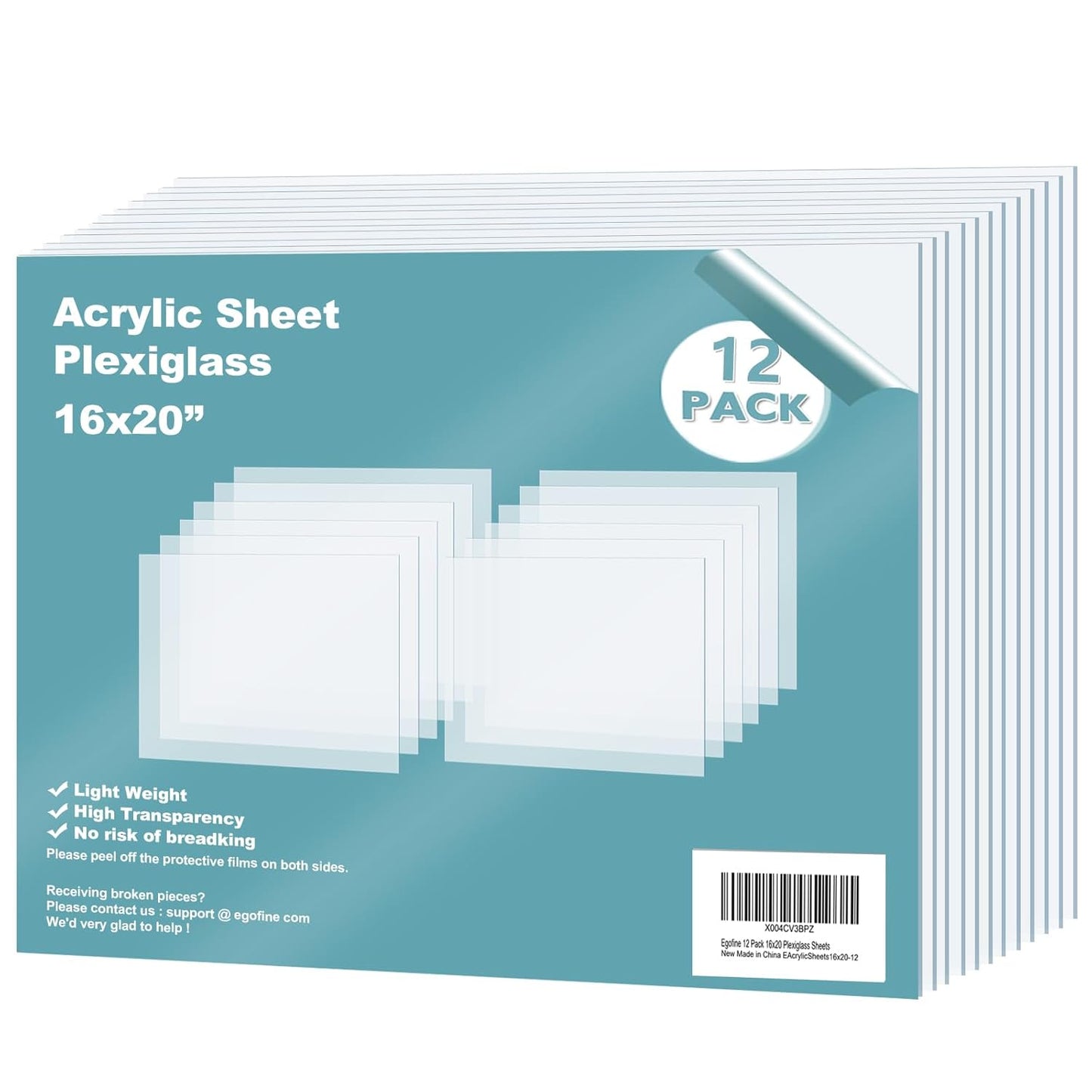 Egofine Plexiglass Sheets Acrylic Sheets 12 Pack of 16x20’’ 0.04 Thick Clear Plastic Cast Transparent Plexi Glass for Crafting Projects, Replacement Picture Frame Glass, DIY Display, Easy to Cut