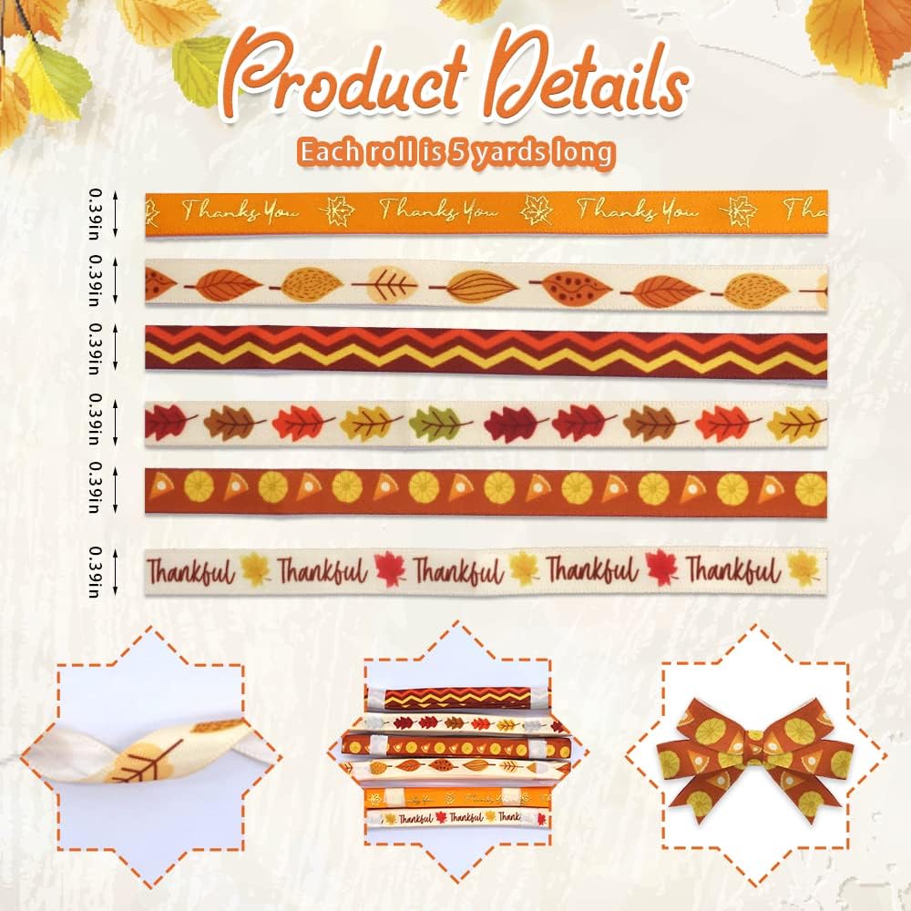 6 PCS Thanksgiving Fall Ribbons - 3/8'' Width Pumpkin Orange Satin Metallic Words Maple Leaves Craft Ribbons for Gift Wrapping & Decorations