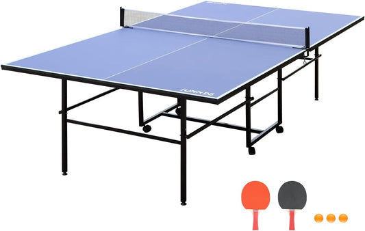 8ft/9ft Mid-Size Table Tennis Table Foldable & Portable Ping Pong Table Set for Indoor Games with Net, 2 Table Tennis Paddles and 3 Balls