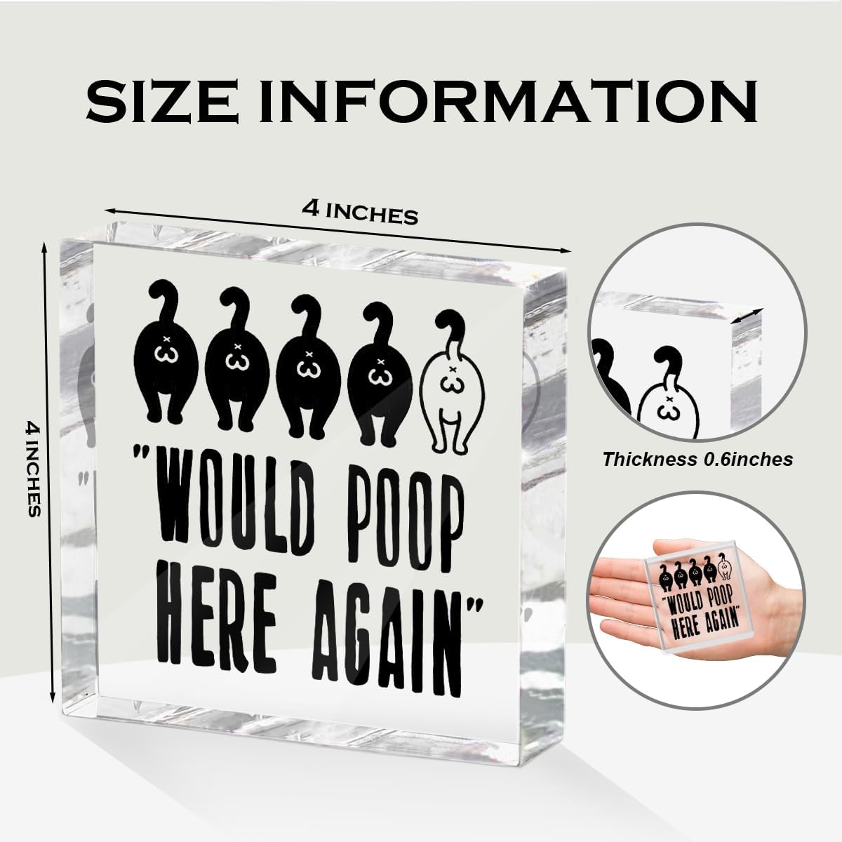 Funny Cat Bathroom Decor Acrylic Decorative Signs 4X4 Inch, Humorous Decorations for Bathroom Home Shelf Toilet, Cat Lover Gifts for Women Men Friends, Would Poop Here Again