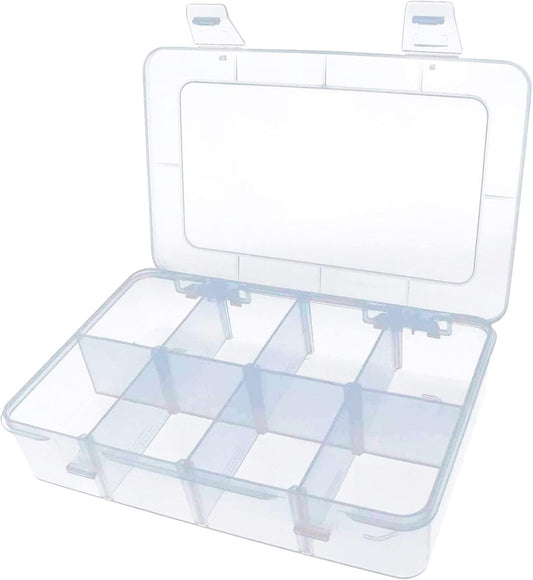 Xiaoyztan 8 Grids Clear Plastic Organizer with Adjustable Dividers, Jewelry Box Bead Storage Container for Small Parts, Fishing Tackle, DIY Crafts, and Earrings, Overall 7.3in x 4.9in