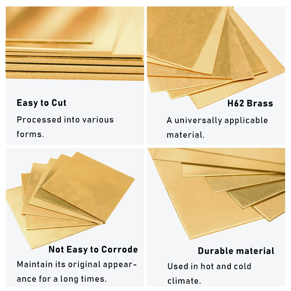 12 Gauge Brass Sheet，H62 Brass Plates Metal 0.079" Thickness x 5.9" Width x 5.9" Lenght, for Models, Crafts, Repairs, Electrical, 1Pcs