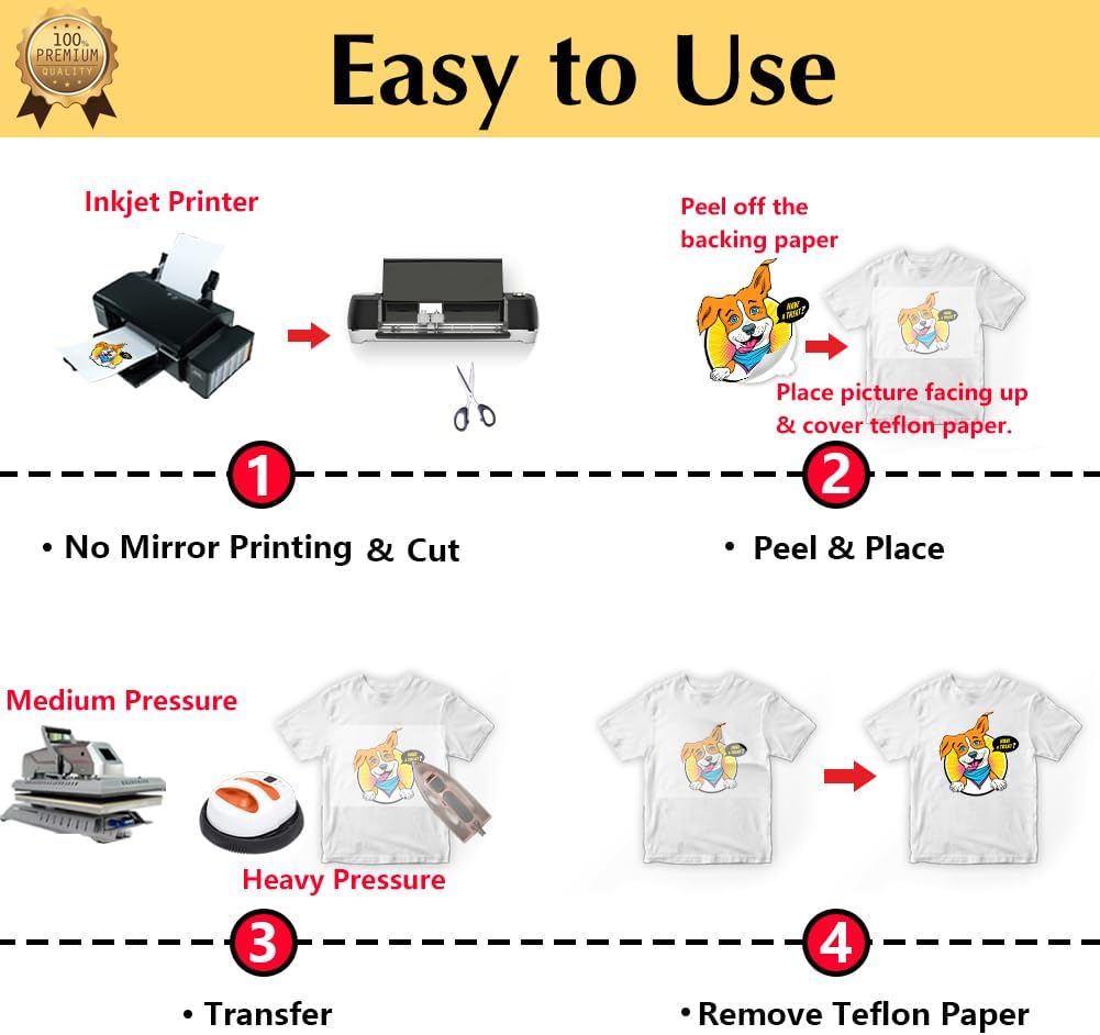 TransOurDream Upgraded Iron on Heat Transfer Paper for T Shirts (50 Sheets, 8.5x11") Iron on Transfers for Light Fabric Printable Heat Transfer Vinyl for Inkjet Printer (L2-50)