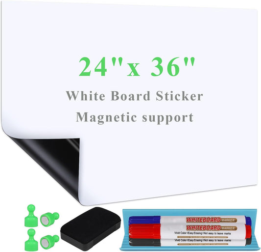 White Board Sticker Adhesive Backing, 24" x 36" Magnetic Dry Erase Board Contact Paper Stick on Wall, Whiteboard Sheet for Teacher Kids Classroom, Include Markers, Eraser with Magnet