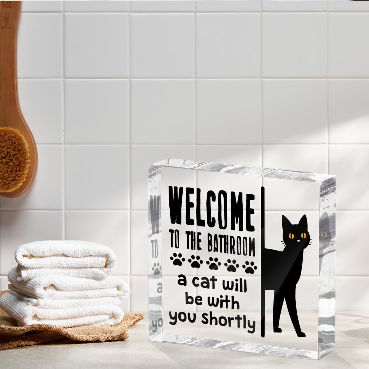 Funny Cat Bathroom Decor Acrylic Decorative Signs 4x4 Inch, Humorous Decorations for Bathroom Home Shelf Toilet, Gag Cat Lover Gifts for Women Men Friends