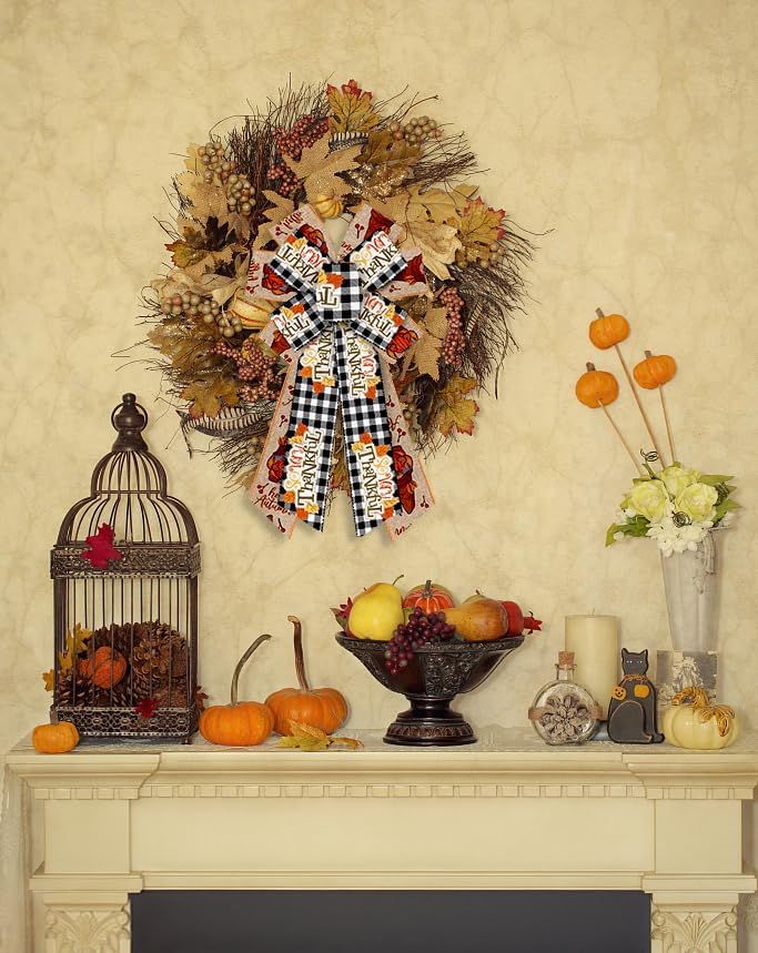 Threetols 2 Rolls 10 Yards Fall Wired Edge Ribbons, 2.5inch Black White Plaid Burlap Ribbon, Autumn Leaves Gnomes Pumpkin Ribbon for Thanksgiving Party DIY Craft Fall Wreath Bow Decor