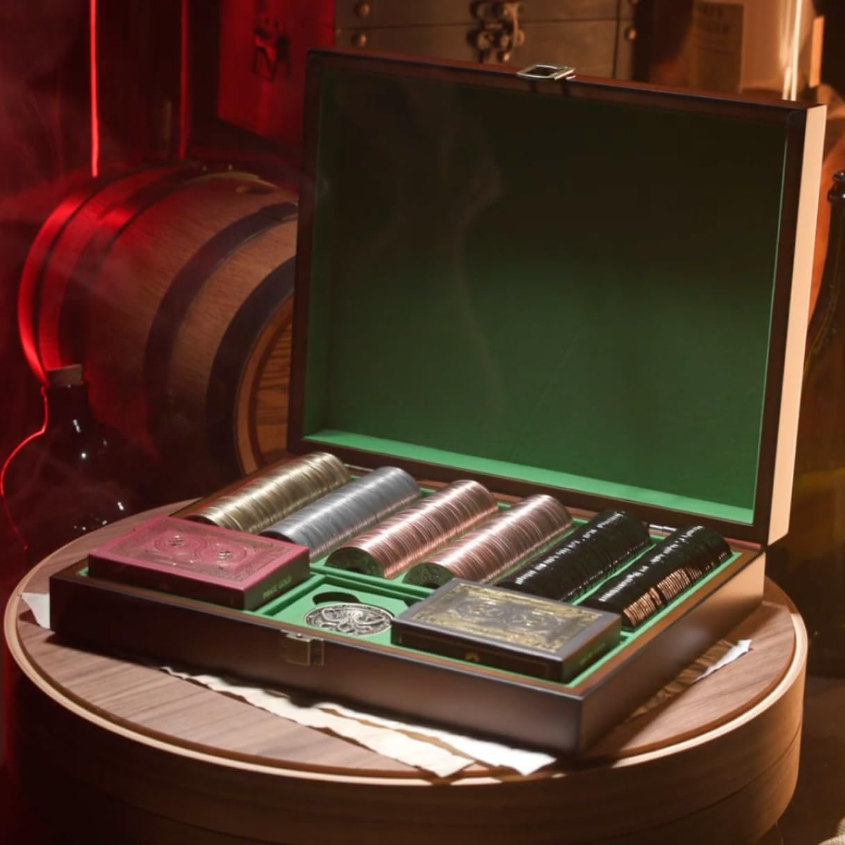 PIRATEGOLD Pirate Themed Metal Poker Chip Set 300pc for Texas Hold’Em, Gold, Silver, Gunmetal, Bronze Coins with 2 X Card Decks, 1 X Custom Wooden Carrying Case