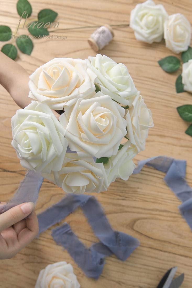 Floroom Artificial Flowers 50pcs Real Looking Ivory Foam Fake Roses with Stems for DIY Wedding Bouquets White Baby Shower Centerpieces Floral Arrangements Party Tables Home Decorations