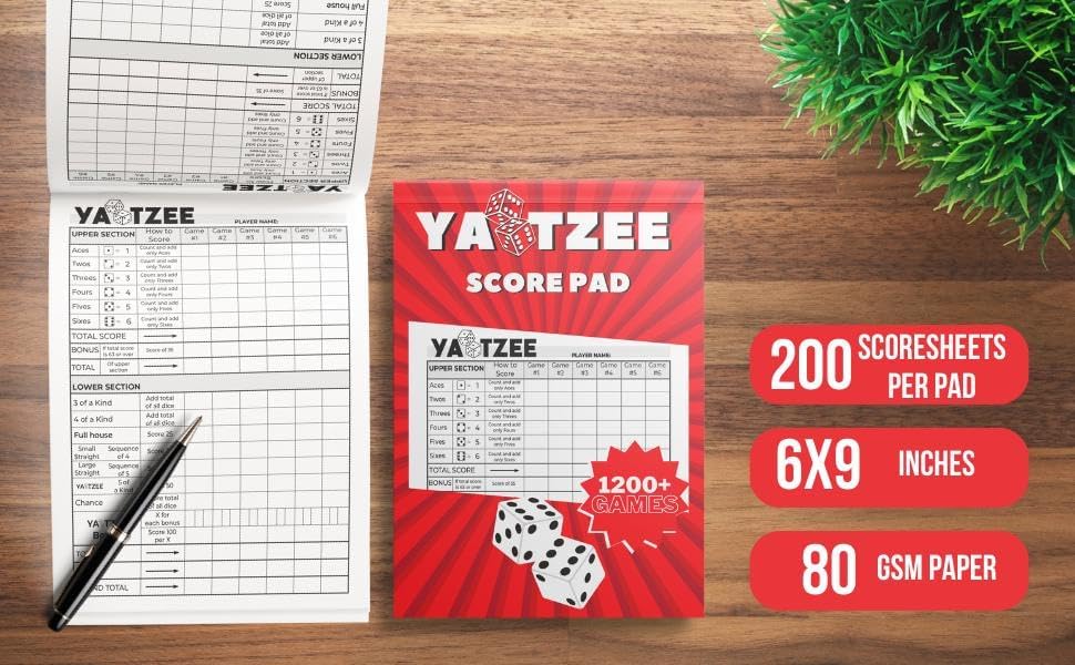 Score Pads for Yahtzee with Tear Off Pages: 6X9, 100 Sturdy Score Sheets, Large Print, Lay-Flat Design, Compatible with Yardzee & Yahtzee Games