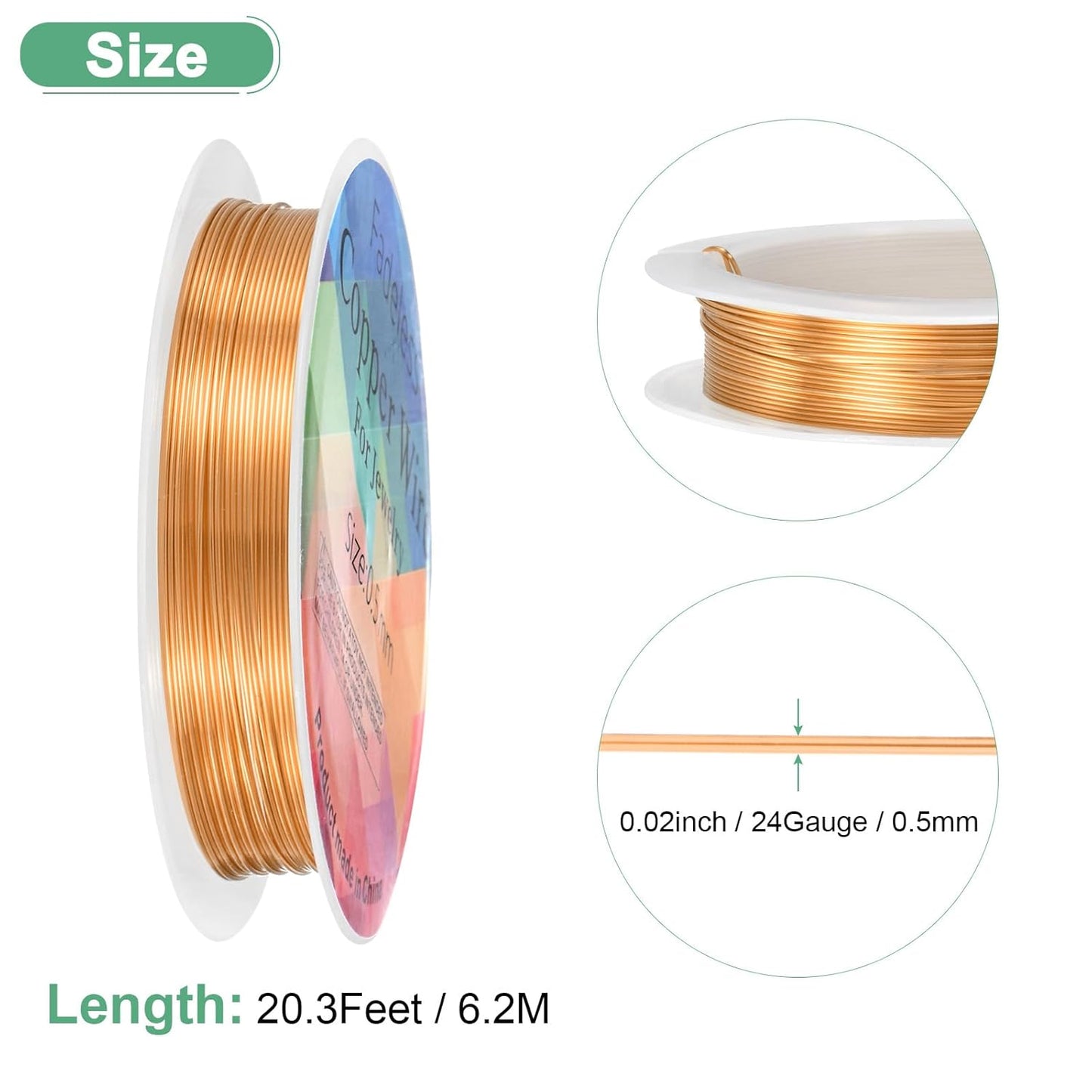 0.5 mm/24 Gauge Copper Wire for Jewelry Making, 20.3FT Copper Beading Craft Wire for Jewelry/Weaving/DIY Crafting/Planting, Color-Retaining [6.2M, Copper Tone]