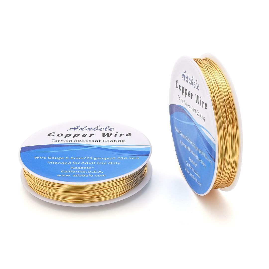 Adabele 124 Feet Premium Tarnish Resistant Round Jewelry Wire Copper Beading Wire Spool Bulk (0.6mm/22 Gauge) 18K Gold Plated for DIY Craft Jewelry Making BF286-6