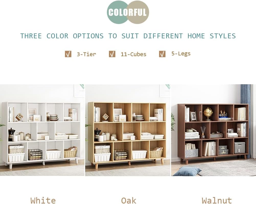 IOTXY Open Cube Low Bookcase - 3-Tier Freestanding Storage Display Cabinet Organizer with Legs for Home Office, 11-Cubes Open Shelf Short Bookshelf, White