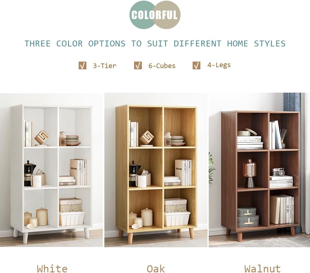 IOTXY Open Cube Low Bookcase - 3-Tier Freestanding Storage Display Cabinet Organizer with Legs for Home Office, 6-Cubes Open Shelf Short Bookshelf, Oak