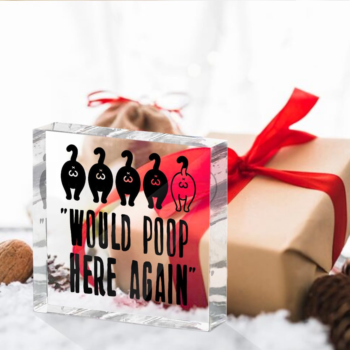 Funny Cat Bathroom Decor Acrylic Decorative Signs 4X4 Inch, Humorous Decorations for Bathroom Home Shelf Toilet, Cat Lover Gifts for Women Men Friends, Would Poop Here Again