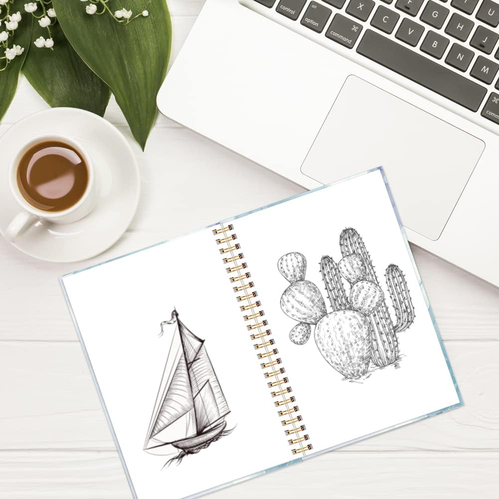 A5 Blank Notebook - 70 Sheets/140 Pages Blank Paper Notebook, 100 GSM Thick White Paper, 5.8" x 8.3" Spiral Blank Journal, Blue Watercolor