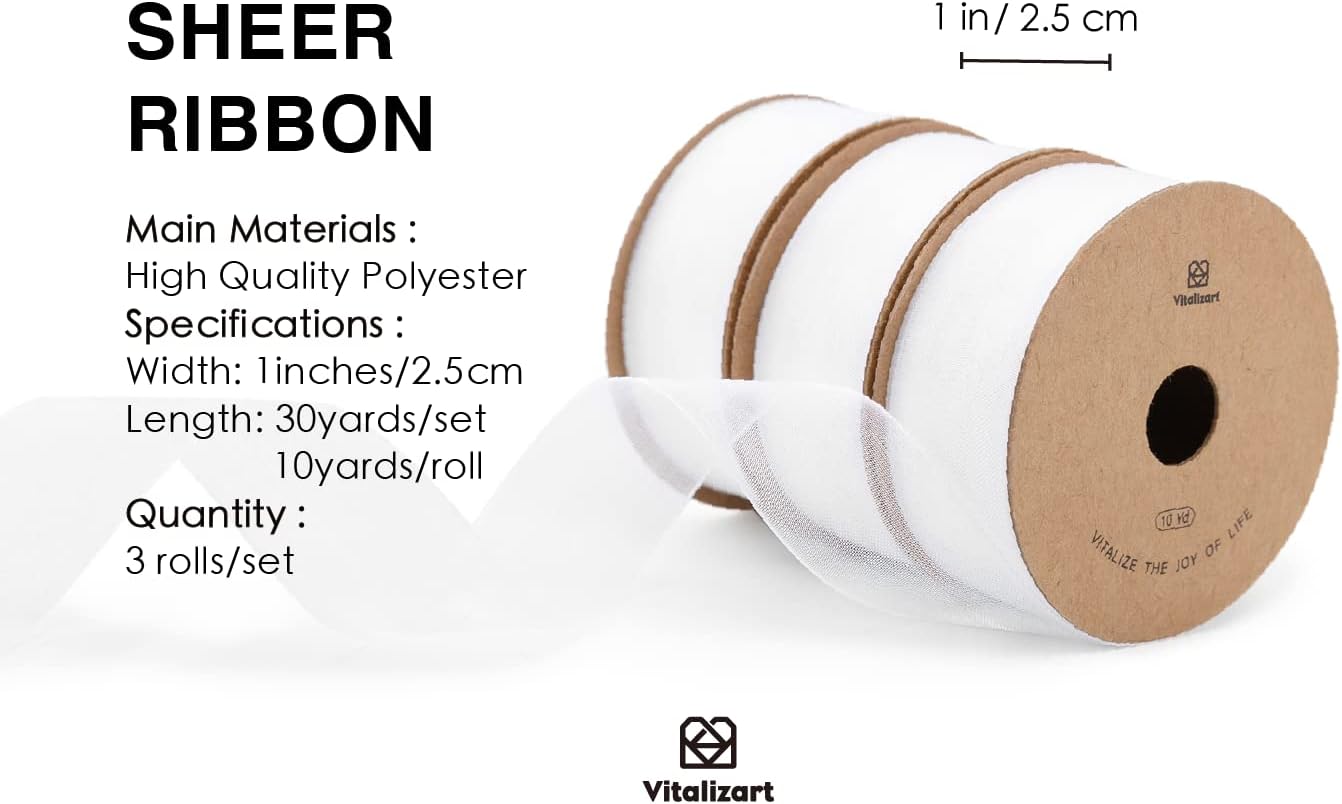 Vitalizart White Ribbon Organza Sheer Ribbon 1 inch x 30 Yd Handmade Fabric Ribbons for Gift Wrapping Christmas Tree Crafts Bows Wedding Invitations Wreaths Wrap Off White