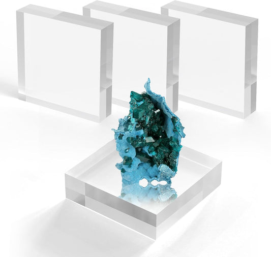 Acrylic Blocks 3 X 3 X 1 Inch 4 Pcs Acrylic Base Stand for Display Clear Block Square Riser Display Stands Pedestal Polished Cube for Jewelry trophy Props Collection Ring