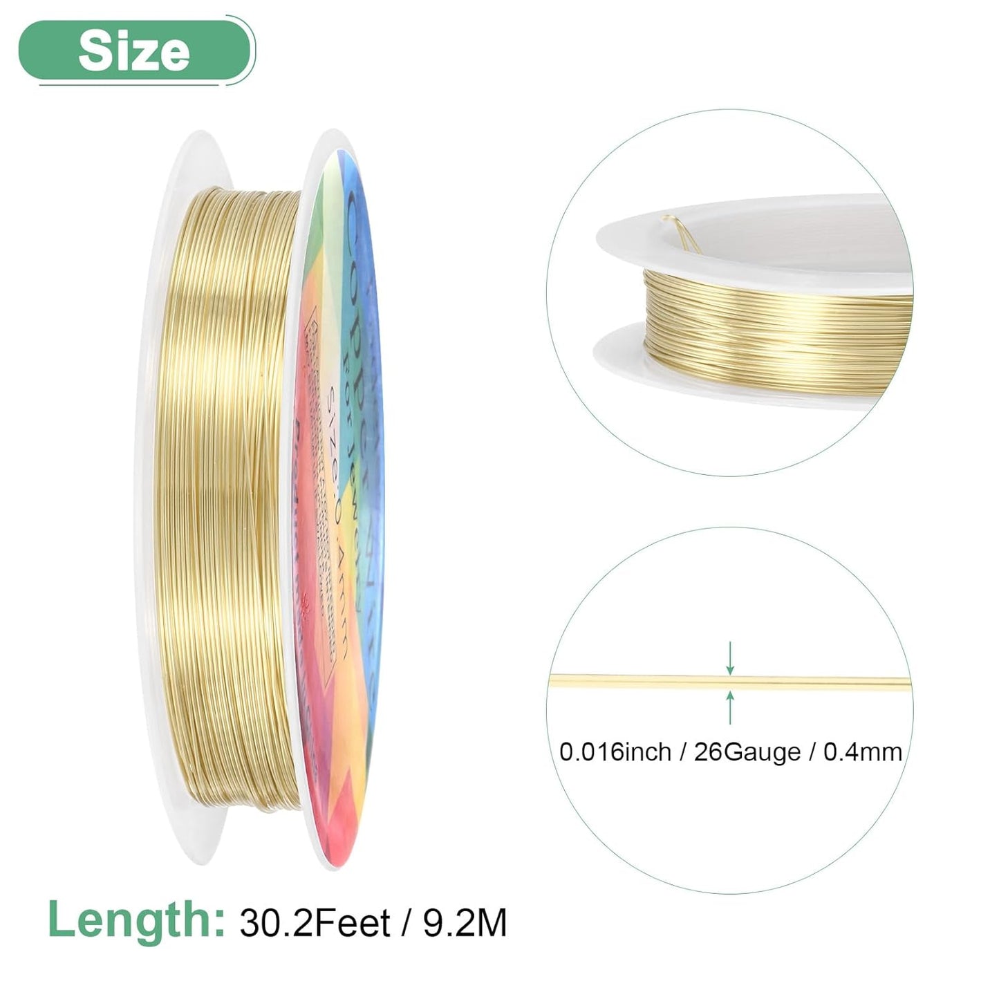 0.4 mm/26 Gauge Copper Wire for Jewelry Making, 30.2FT Copper Beading Craft Wire for Jewelry/Weaving/DIY Crafting/Planting, Color-Retaining [9.2M, Light Golden]