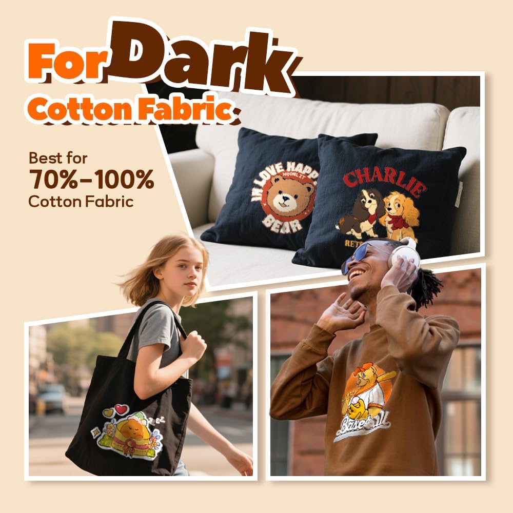 TranSmile PU-Heat Transfer Paper for Inkjet Printer (10 Sheets, 8.5x11", Dark) Iron on Transfers for Dark Fabric, Printable Heat Transfer Vinyl for T Shirts, Vibrant & Washable