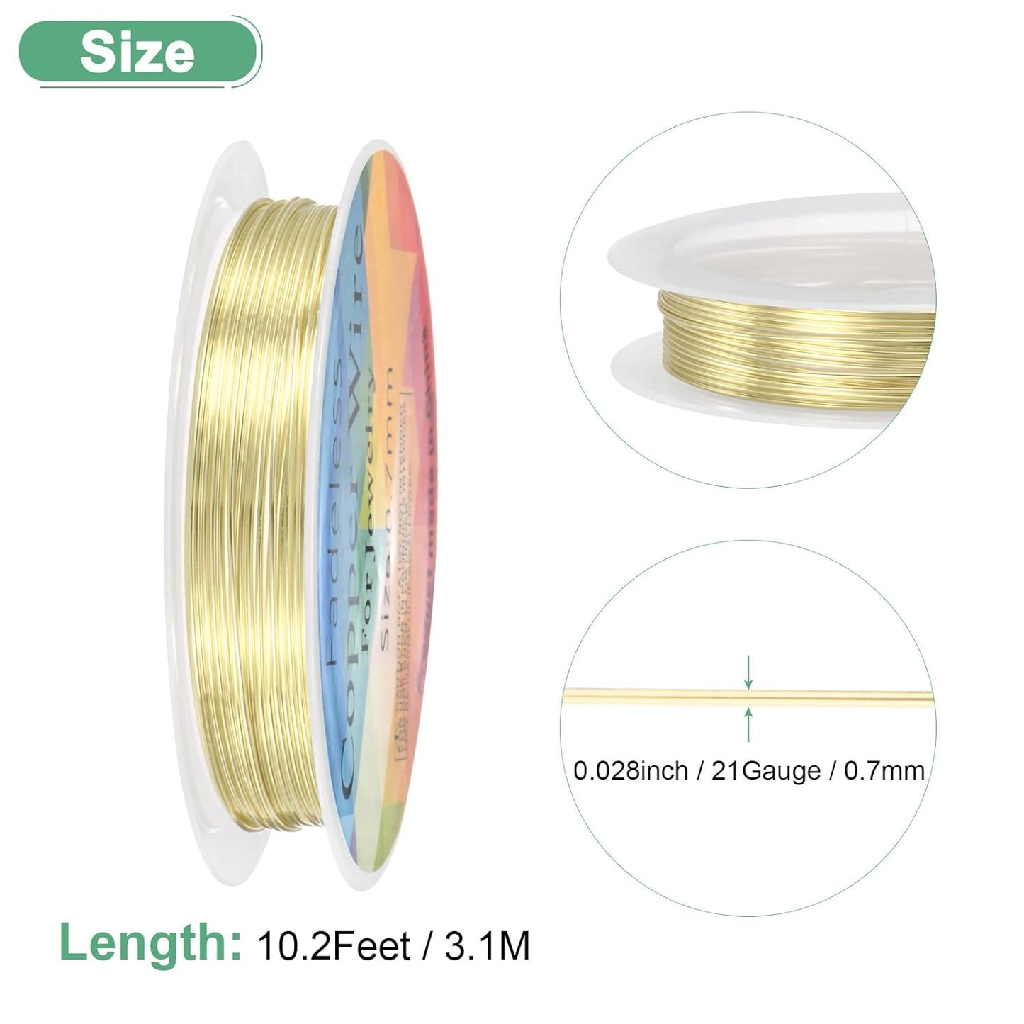 0.7 mm/21 Gauge Copper Wire for Jewelry Making, 10.2FT Copper Beading Craft Wire for Jewelry/Weaving/DIY Crafting/Planting, Color-Retaining [3.1M, Light Golden]
