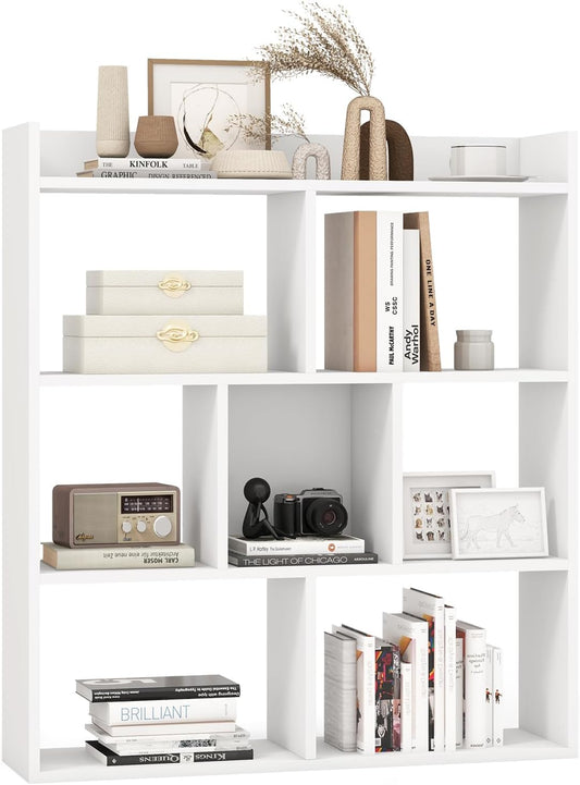 Giantex 7 Cube Bookshelf, Free-Standing Wooden Bookcase, 4 Tier Home Display Shelf, Horizontal Storage Unit w/Anti-Toppling Devices, Open-Back Display Rack for Study, Bedroom, Living Room, White