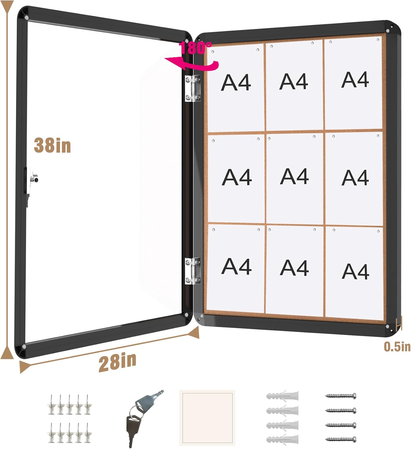 38"x28" Enclosed Bulletin Board, Lockable Weather-Resistant Aluminum Cork Noticeboard for School & Office, Black Frame w/Cork