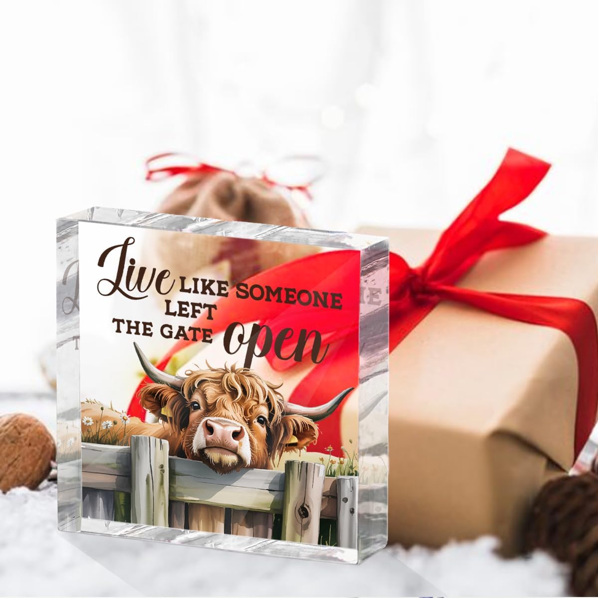 Cute Cow Decorative Signs, Rustic Western Animal Office Desk Decor Acrylic Sign 4x4 Inch, Desk Accessories Signs for Bathroom Cubicle Farmhouse Kitchen, Cow Gifts for Women Friend