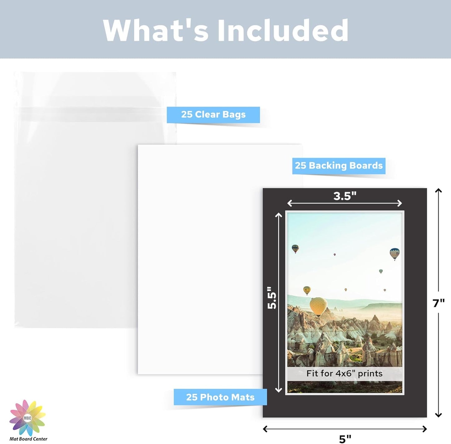 Mat Board Center, Pack of 25, 5x7 for 4x6 Black Mat Kit - Acid Free, 4-ply Thickness, White Core - Includes Backing Boards and Clear Bags - for Pictures, Photos, Framing
