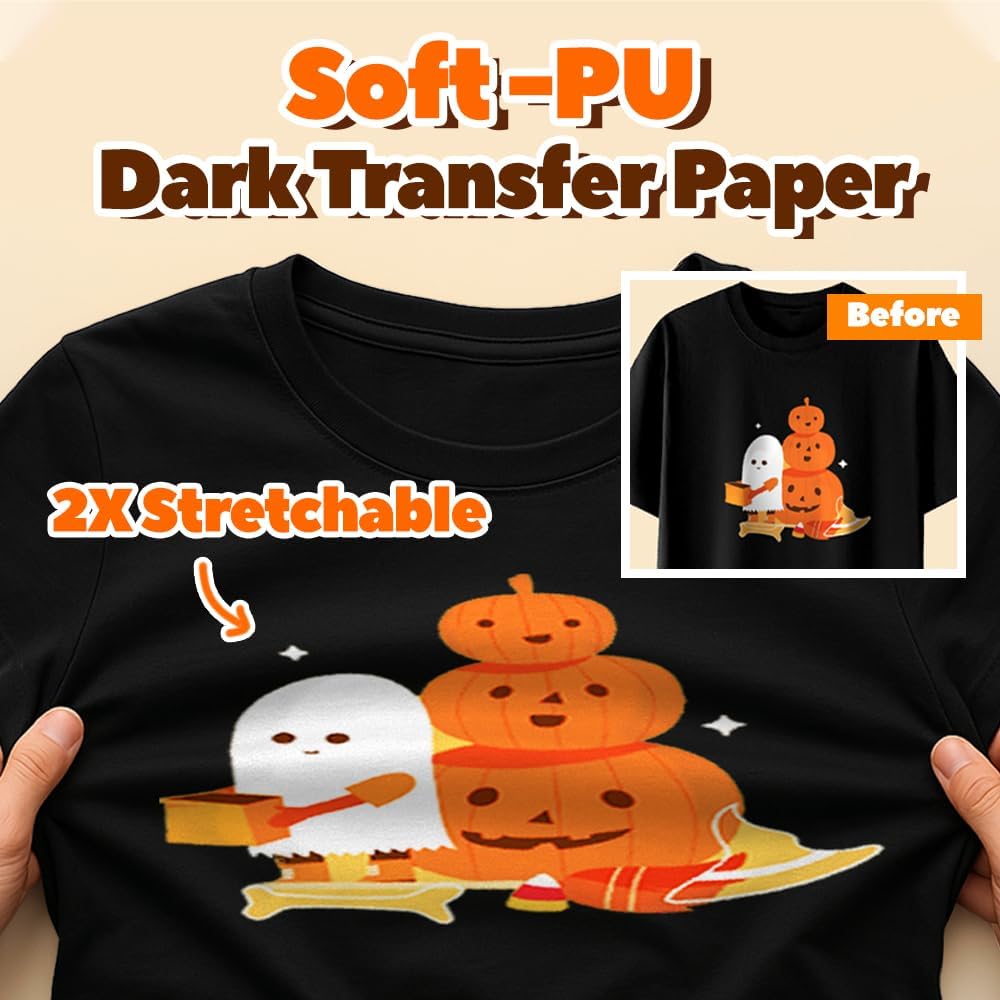 TranSmile PU-Heat Transfer Paper for Inkjet Printer (30 Sheets, 8.5x11", Dark) Iron on Transfers for Dark Fabric, Printable Heat Transfer Vinyl for T Shirts, Vibrant & Washable