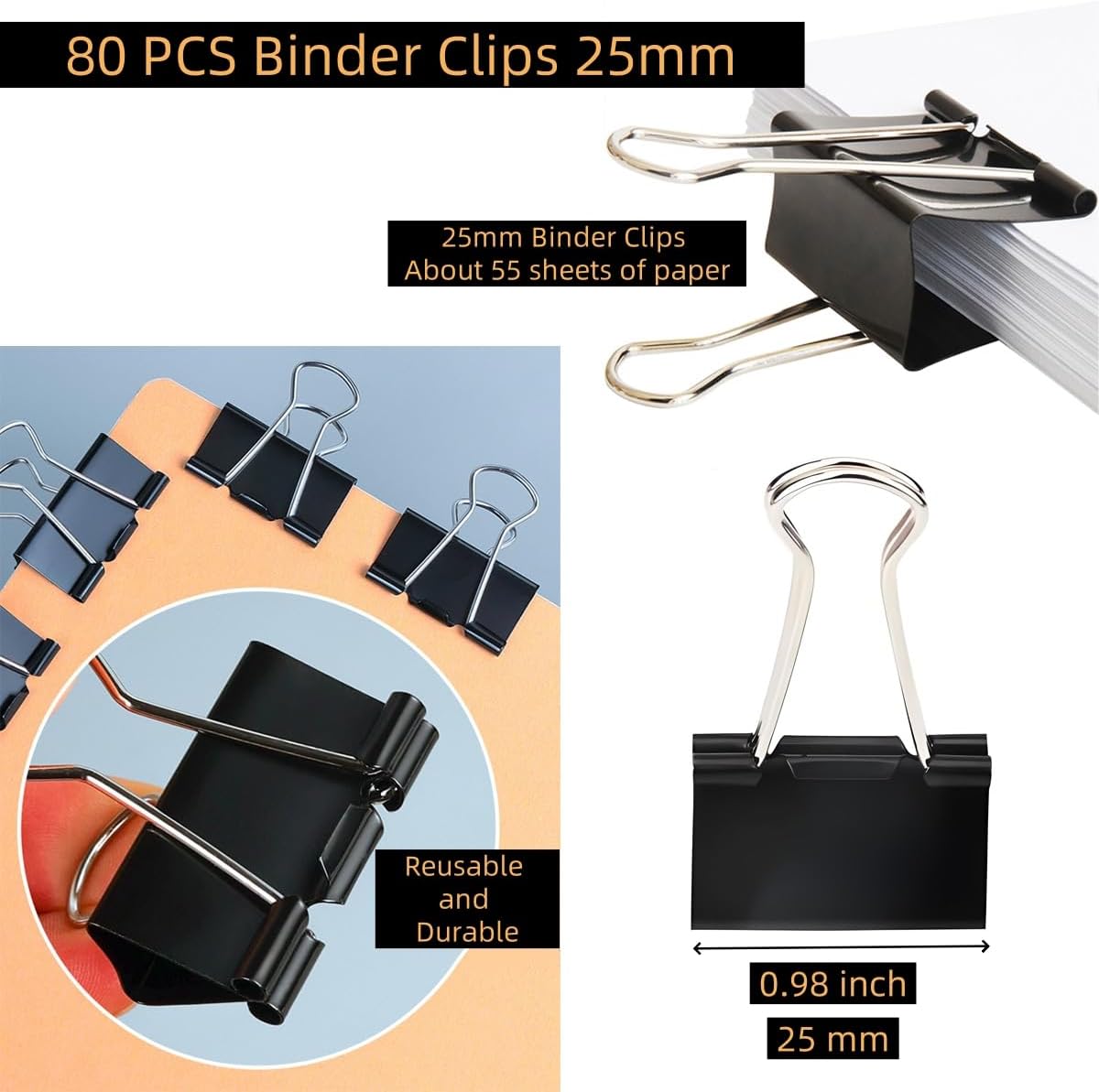 80 PCS Binder Clips, 1inch 25mm Binder Clips, Paper Clamps Medium Size for Office, Home, School, Document Organizing (1 inch)