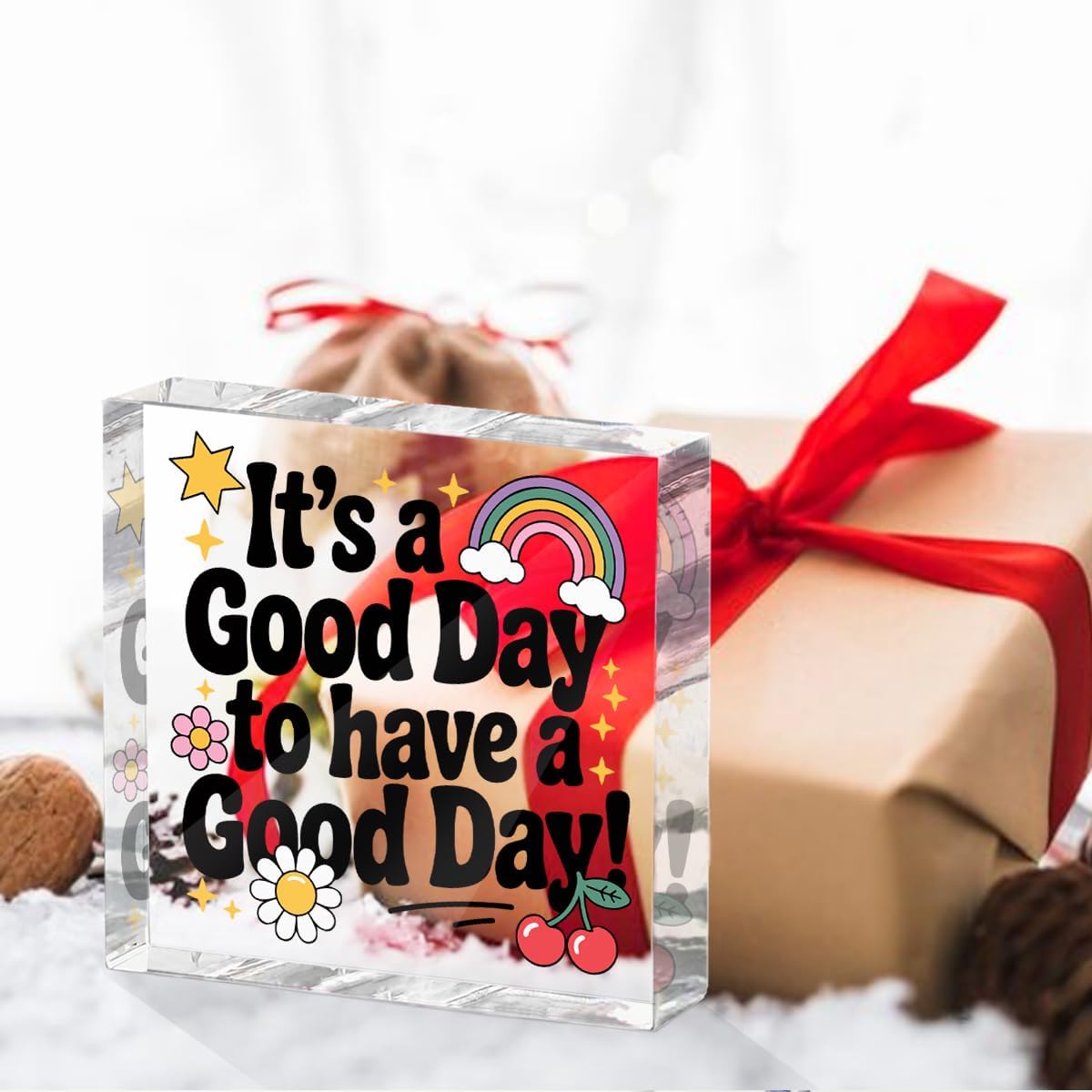 Positive Desk Decor Acrylic Sign 4X4 Inch, Rainbow Cherry Flower Desk Decorative Signs for Shelf Tabletop Cubicle Room Office, Inspirational Gifts for Women Men Friends, Have a Good Day